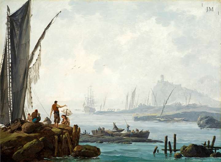 A Mediterranean Seascape with Fishermen drying their Nets